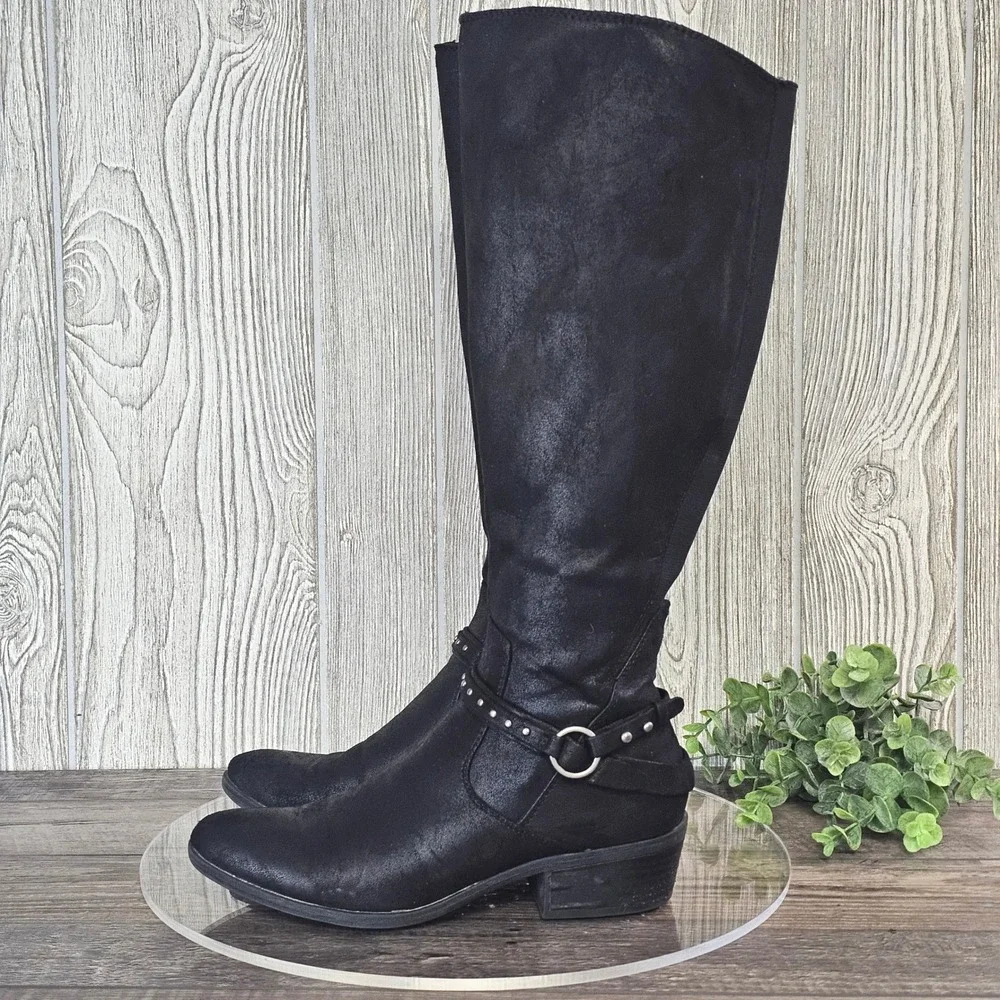 Baretraps Greer Black Knee HIgh Riding Boots Studded Strap Detail Women's 7M - Picture 1 of 10
